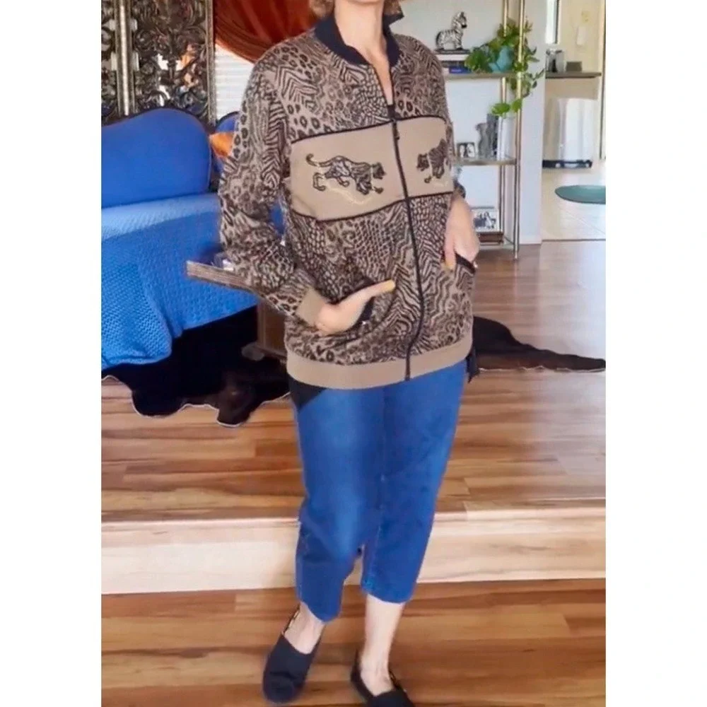 Rafael Jacket Womens XL Animal Print Zip Front Safari Gold Chain Vintage Bomber_3